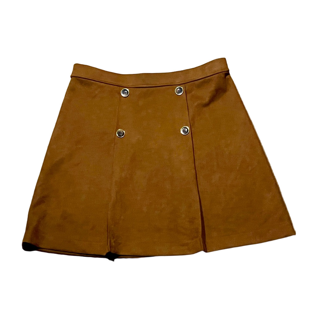 NYCC Camel Brown Faux Suede Pleated Snap Button Mini Skirt
